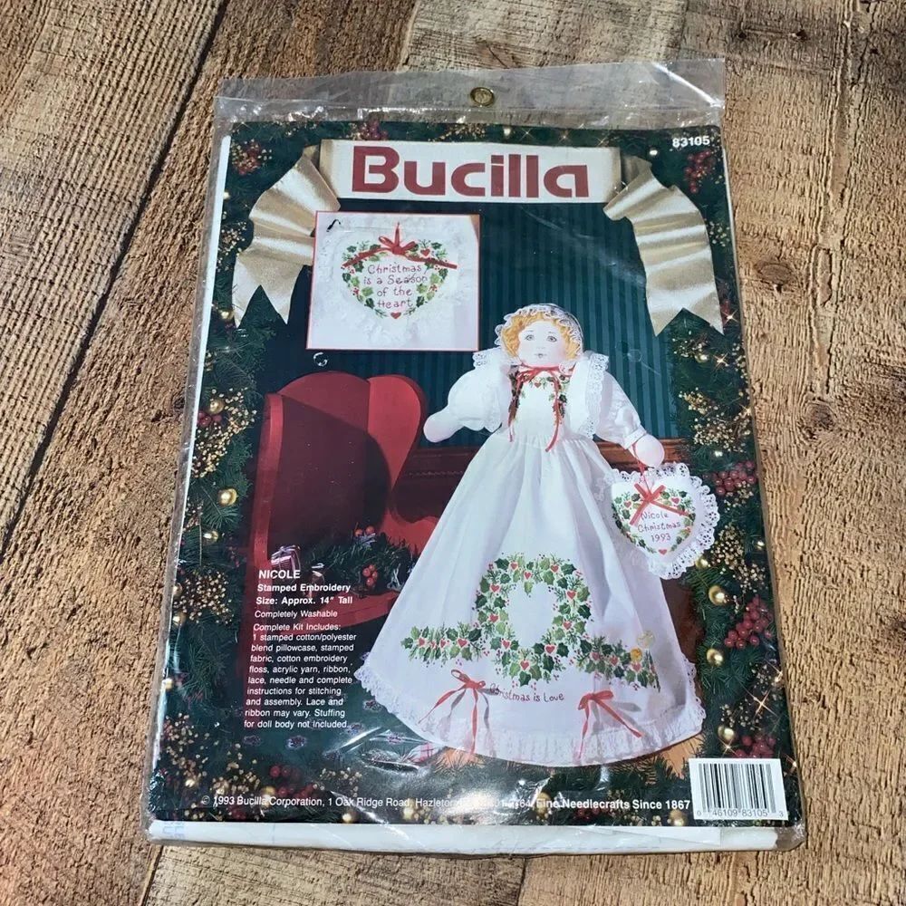 Vintage 1993 Bucilla Pillowcase Christmas Doll Stamped Embroidery Kit 83105 NIP